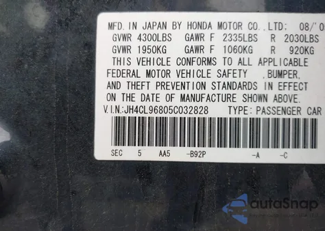 2005 Acura Tsx from USA, damaged, VIN JH4CL96805C032828